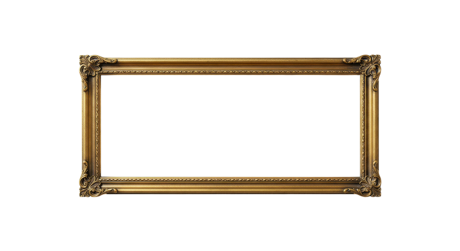 Golden Rectangular Frame: An empty, ornate, rectangular frame with elaborate detailing and a rich golden finish, ready to display a cherished memory or work of art.