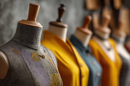 Mannequins dressed in colorful fabrics showcase material designs in a stylish apparel development workspace