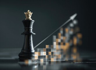 Una pieza de ajedrez, el rey, se alza sobre un tablero con un gráfico ascendente de barras en el fondo, simbolizando el éxito y el liderazgo.