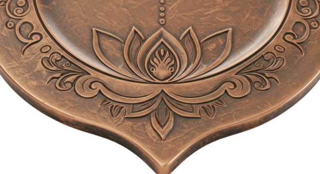 Artistic Lotus Plate : An elegant copper plate is engraved with an artistic lotus design, perfect for decorative purposes and symbolic of purity and enlightenment.