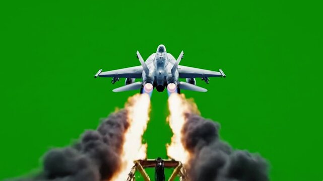 Fighter Jet Taking Off With Afterburner Flames On Green Screen