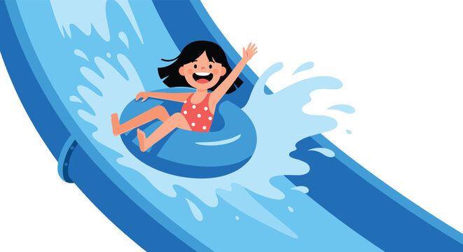 A happy young girl on an inflatable tube splashes with joy down a blue water slide, enjoying a thrilling summer day at the water park.