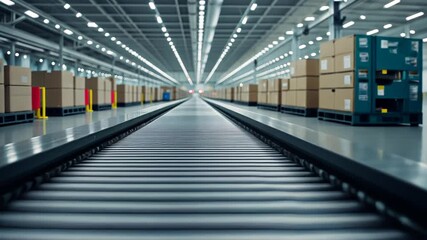 A perspective view of a warehouse conveyor belt with boxes, lights and industrial elements - Powered by Adobe