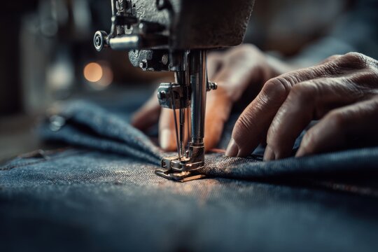 Hands expertly sewing denim fabric with a sewing machine in a well-lit workspace, capturing the intricate details of garment making as focused craftsmanship takes place