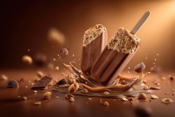 Dos helados de chocolate con nueces, salpicados de salsa y trozos de frutos secos.