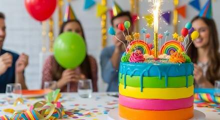 Vibrant Rainbow Birthday Cake Celebration with Friends and Festive Decorations.