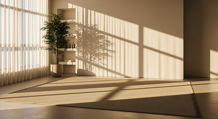 Sunlit modern room with sheer curtains and potted plant creating dramatic window and foliage shadows on wall and floor