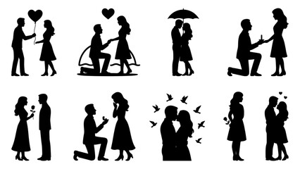 Romantic couple silhouette proposal vector, love confession, Valentine’s Day illustration