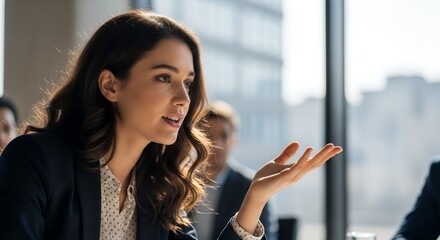 Young woman raising a hand while debating an idea, confident and energetic