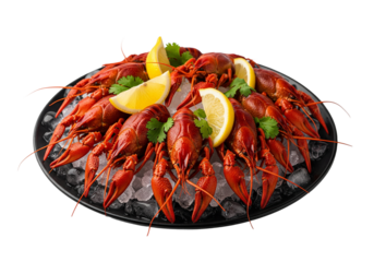 fresh crawfish arranged on crushed ice atop a black plate with lemon and leaf garnish