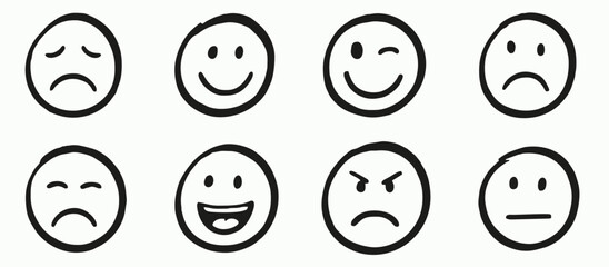 Fototapeta premium A hand-drawn collection of black and white emoji faces, depicting a variety of emotions from happy to angry, perfect for expressive communication and casual designs.