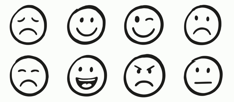 A hand-drawn collection of black and white emoji faces, depicting a variety of emotions from happy to angry, perfect for expressive communication and casual designs.