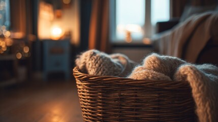 Obraz premium Wicker basket with knitted blanket indoors
