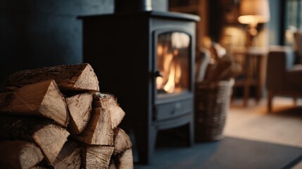 Wood stove and firewood cozy interior