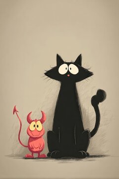 Un gato negro imponente se alza junto a un peque&ntilde;o diablillo sonriente.