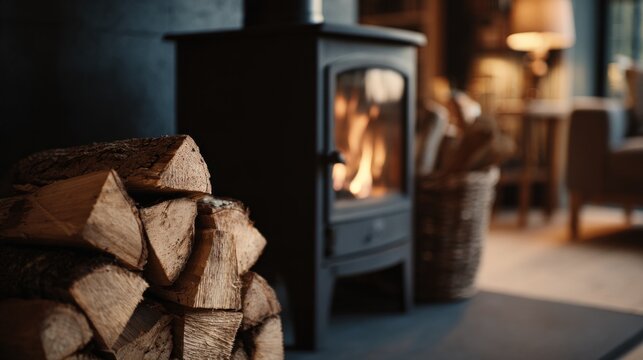 Wood stove and firewood cozy interior