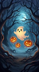 Cute Ghost and Pumpkins in a Forest.