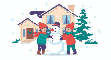 Two happy children building a snowman in front of a festive house during winter.