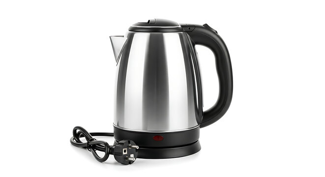 Sleek stainless steel electric kettle with a black handle, base, and power cord, isolated on a white background, perfect for boiling water quickly in any modern kitchen