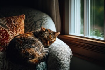 Tortoiseshell cat sleeping on sofa