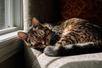 Tabby cat resting in sunlight