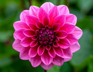 Obraz premium Close-up of a vibrant, perfectly symmetrical pink dahlia blossom against blurred green