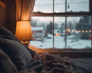 Winter window cozy bedroom scene