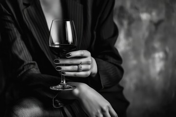 Una mano elegantemente engalanada sostiene una copa de vino tinto en un ambiente sombrío y sofisticado.