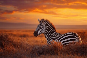 Obraz premium Zebra resting peacefully in the tranquil stretch of a national park savannah during a glorious sunset