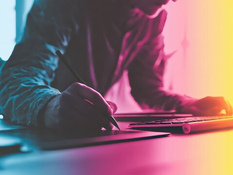 Un artista crea digitalmente en un entorno oscuro y vibrante.