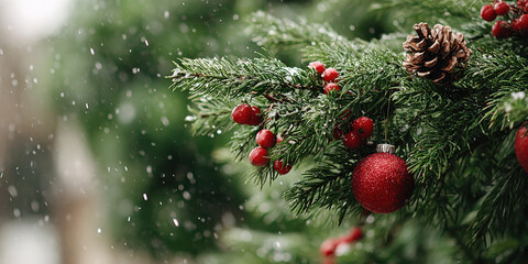 Serene Christmas tree branch with red decoration in festive winter