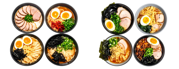 Collection of Traditional Ramen Bowls with Various Toppings, Top-Down View, Isolated on Transparent Background