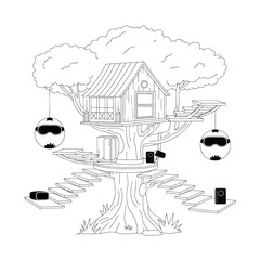 Whimsical hand drawn illustration of a rustic treehouse nestled within a large leafy tree featuring hanging lanterns and a sense of adventure and imagination