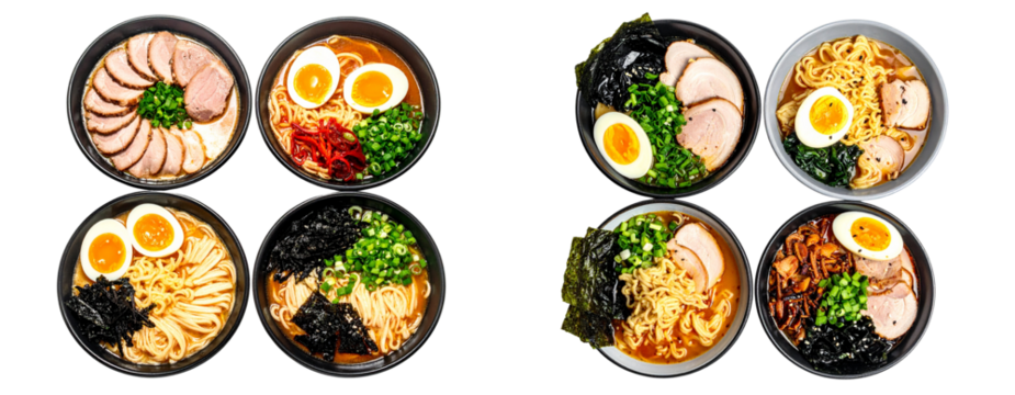 Collection of Traditional Ramen Bowls with Various Toppings, Top-Down View, Isolated on Transparent Background