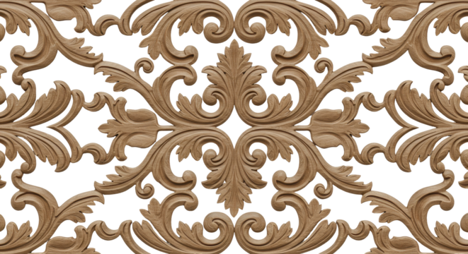 Intricate Wood Carving: Detailed shot showcases an ornate wood carving, demonstrating the artistry of traditional craftsmanship, featuring flowing lines, floral motifs, and timeless elegance.