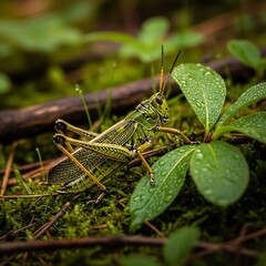 Grasshopper on Green Leaves.