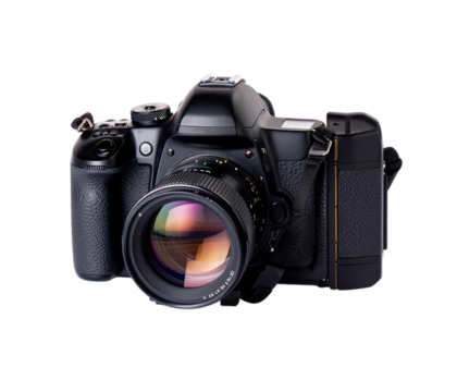 Black dslr camera with lens isolated on transparent background
