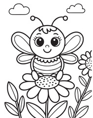 Cartoon bee with clouds rests on a cute flower in a black and white line art style,  kids, coloring page, book, printable, easy,  pages, coloring book, funny, coloring, drawing
