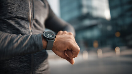 Close-up of man checking smartwatch stats after workout, urban background.