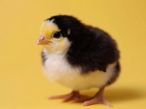 Un pollito negro y blanco posa sobre un fondo amarillo.