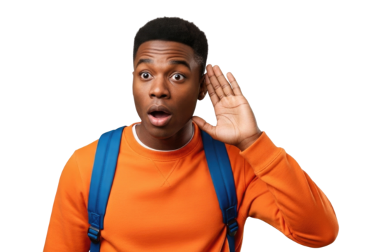 Young man listening with hand cupped to ear surprised expression transparent background cutout png - Powered by Adobe