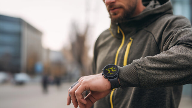 Close-up of man checking smartwatch stats after workout, urban background.