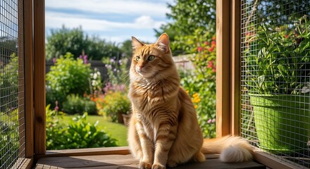 Orange Cat in a Garden Enclosure.
