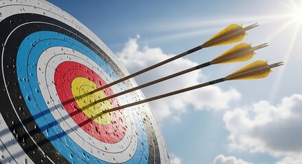 Three golden arrows perfectly hit the bullseye on a target under a bright sunny sky, symbolizing ultimate success and precision.
