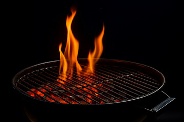 Vibrant flames dance over hot coals on a ready to use grill, evoking summer parties and delicious outdoor cooking moments.