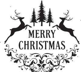 Fototapeta premium Merry Christmas design with reindeer, pine trees, and ornate floral swirls in festive black-and-white art