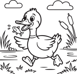 Outlined cartoon duck is running excitedly with a little fish in its beak near clouds,  kids, coloring page, book, printable, easy, coloring, pages
