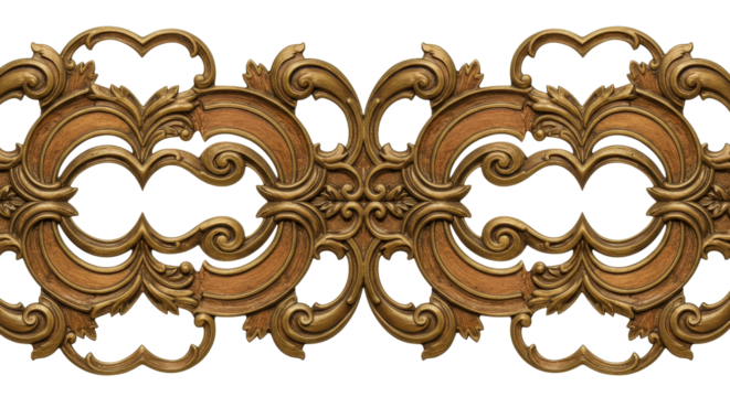 Ornate Carving in Antique Gold: An intricate pattern of antique gold decorative molding showcases timeless elegance. This detailed ornamental design exudes a sense of luxuriousness and sophistication.