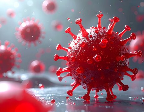 Close-up renders of a menacing, crimson virus with spike proteins, floating in a blurred, ethereal environment. Other virus particles surround