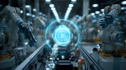 Industrial robots assembling electronics on automated line, glowing holographic dashboard overlay.